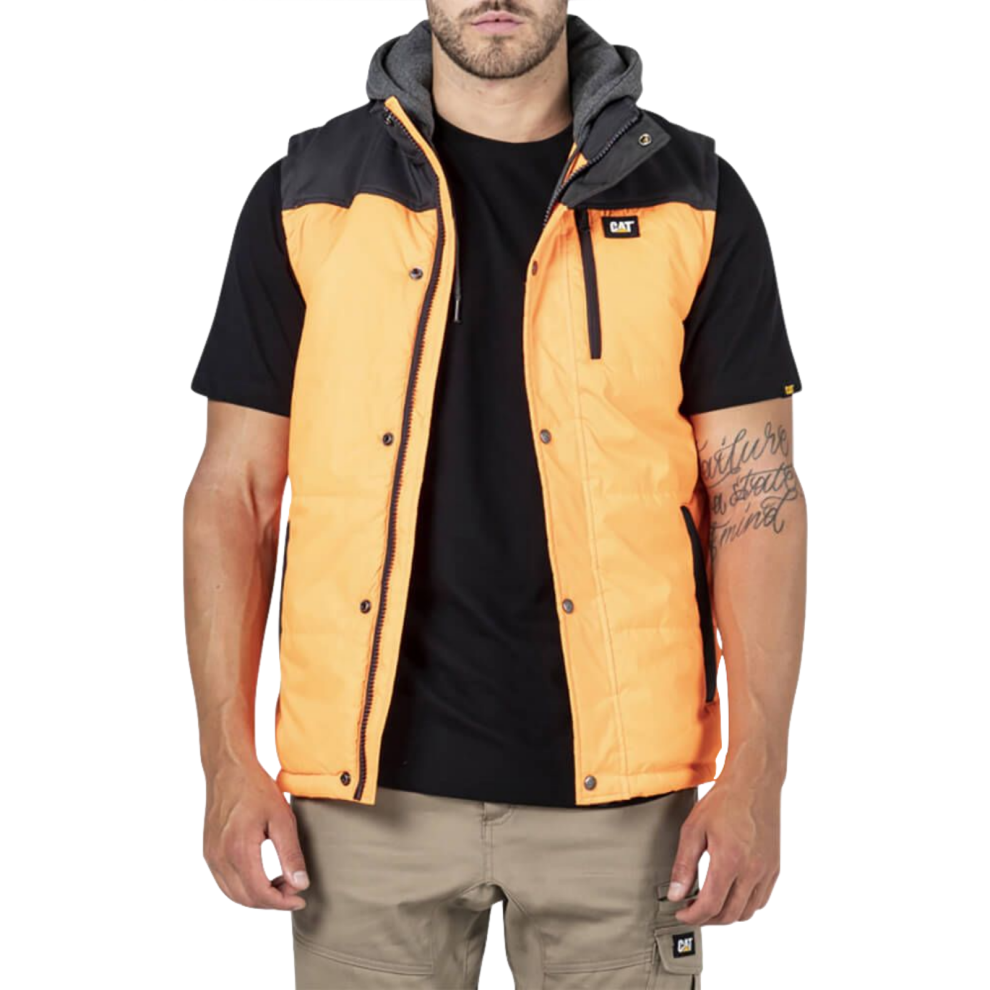 (2XL) Caterpillar Hi-Vis Hooded Work Vest Jacket - Water Resistant - Orange