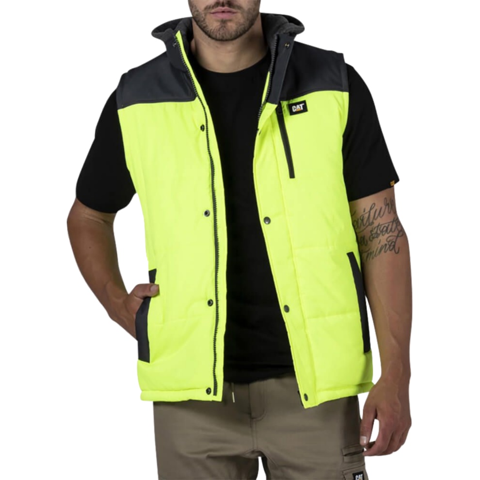 (XL) Caterpillar Hi-Vis Hooded Mens Work Vest Jacket - Water Resistant - Yellow