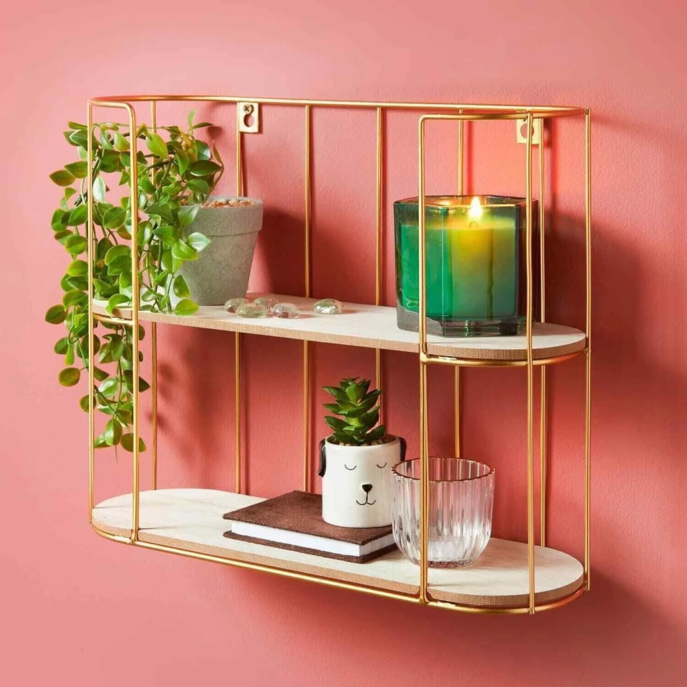 2 Tier Wall Mounted Shelf Vintage Gold Stylish Shelving Floating Shelf