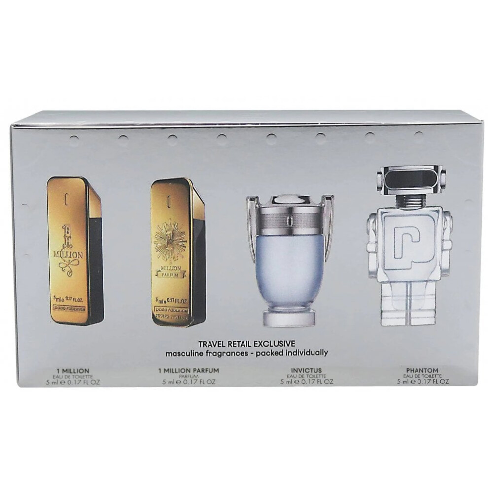 Paco Rabanne 4 Pcs Mini Set: One Million 0.17 Eau De Toilette + One Million 0.17 Parfum + Invictus 0.17 Eau De Toilette + Phantom 0.17 Eau De Toilette