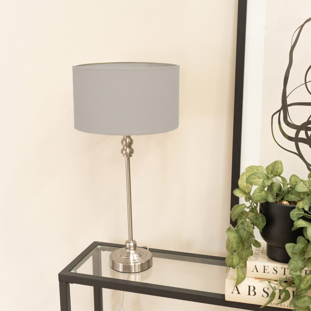 Maggie Chrome Candlestick Table Lamp with Grey Fabric Drum Shade