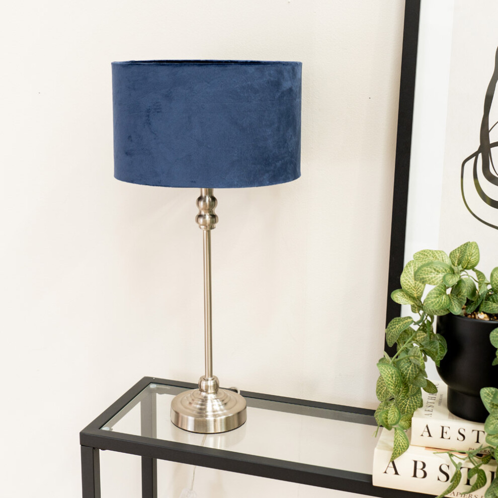 Maggie Chrome Candlestick Table Lamp with Navy Blue Velvet Drum Shade