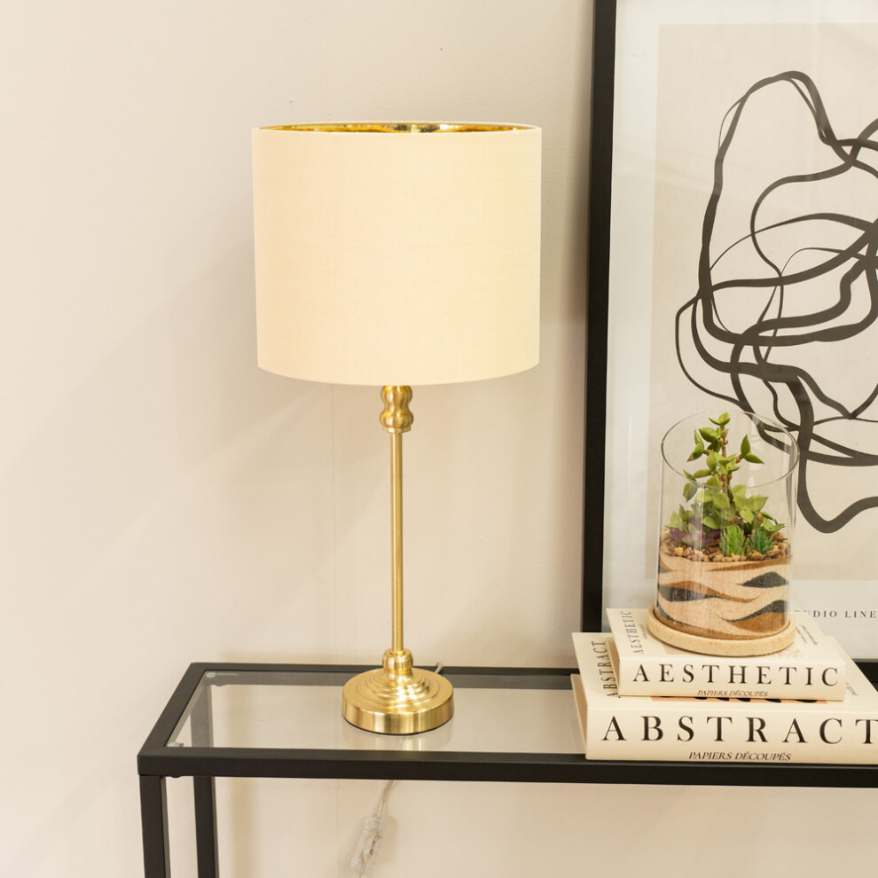 Maggie Gold Candlestick Table Lamp with Beige and Gold Lamp Shade