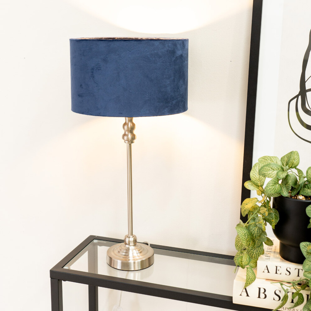 Maggie Chrome Candlestick Table Lamp with Navy Velvet Shade & Bulb