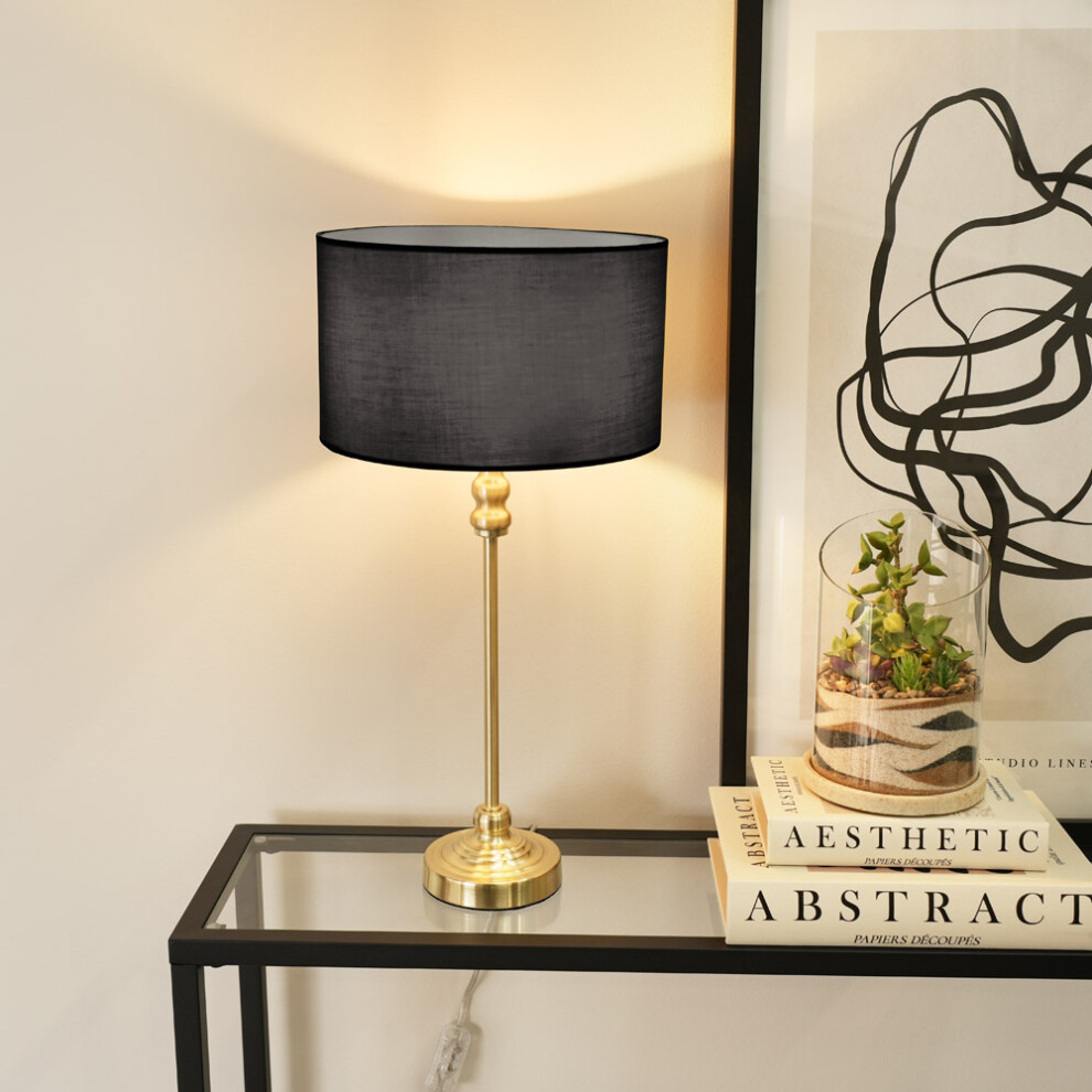 Maggie Gold Candlestick Table Lamp with Black Fabric Shade and Bulb