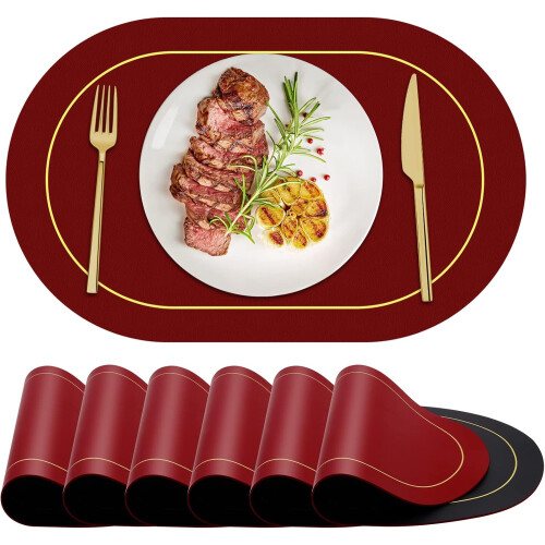 6 Pack Placemat Oval Leather Heat Table Mat Resistant Washable Table Decoration Red