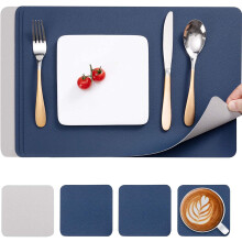 8 Pack Placemats Double-Sided Leather 4 Pack Table Mats Washable 4 Pack Heat-Resistant Coasters Blue+White