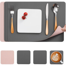 8 Pack Placemats Double-Sided Leather 4 Pack Table Mats Washable 4 Pack Heat-Resistant Coasters Grey+Pink