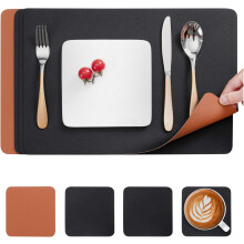 8 Pack Placemats Double-Sided Leather 4 Pack Table Mats Washable 4 Pack Heat-Resistant Coasters Black+Brown