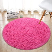Living Room Rug Round Ø60cm Bedroom Carpets Shaggy Floor Mat With Non-Slip Bottom Rose Red
