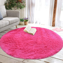 Living Room Rug Round Ø40cm Bedroom Carpets Shaggy Floor Mat With Non-Slip Bottom Rose Red