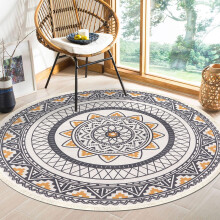 Living Room Rug Round Ø150cm Bedroom Carpets Cotton Weave Floor Mat Yellow Mandala