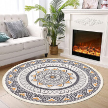 Living Room Rug Round Ø120cm Bedroom Carpets Cotton Weave Floor Mat Yellow Mandala