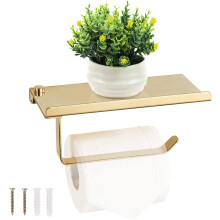 Toilet Paper Holder with Spacious Shelf Wall Mounted - Gold Toilet Roll Holder Stainless Steel for Kitchen and Bathroom