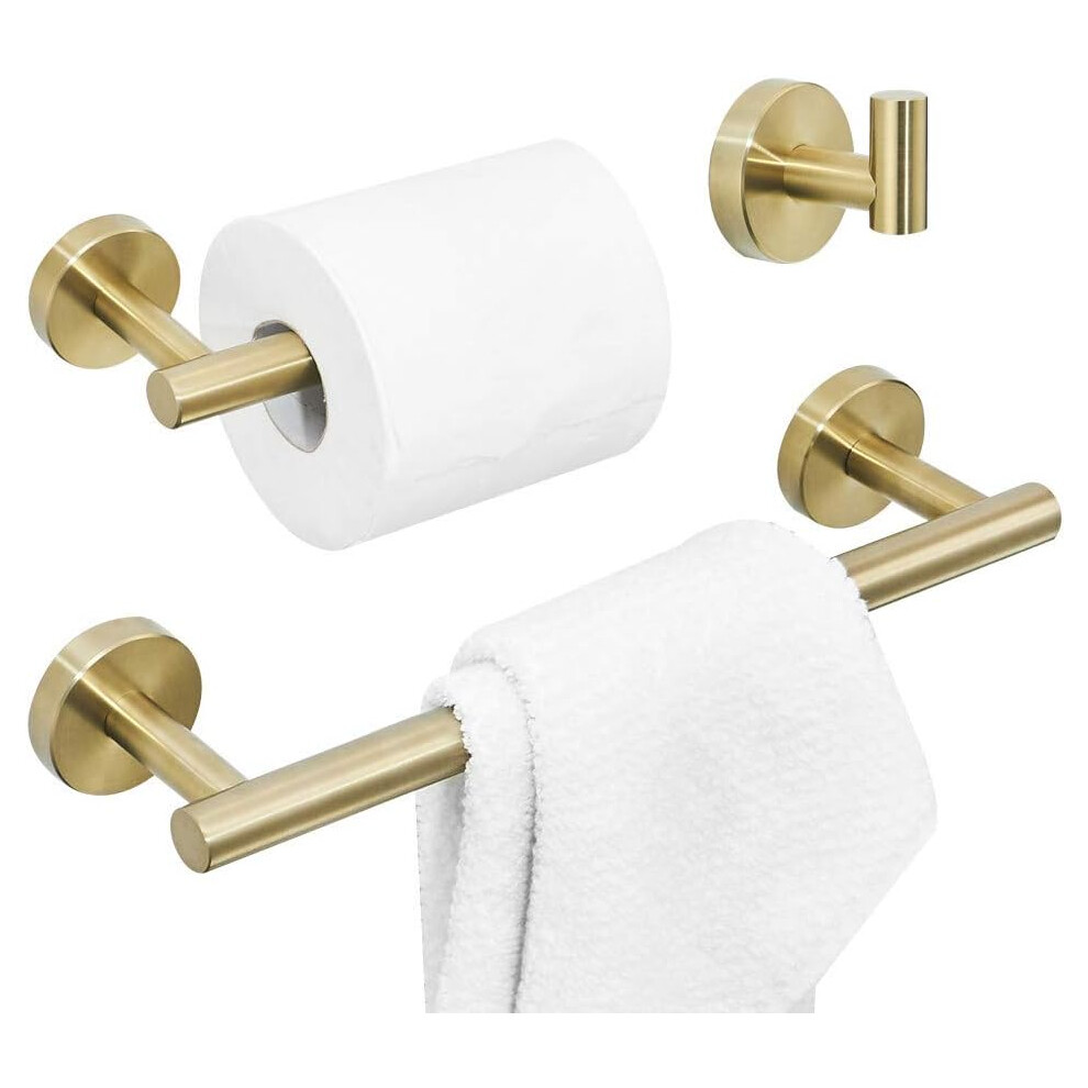 Brushed Bathroom Accessories, Gold Bathroom Hardware 3PCS include Towel Holder Toilet Roll Holder Coat Hook Wall Mounted SUS 304 Stainless Steel