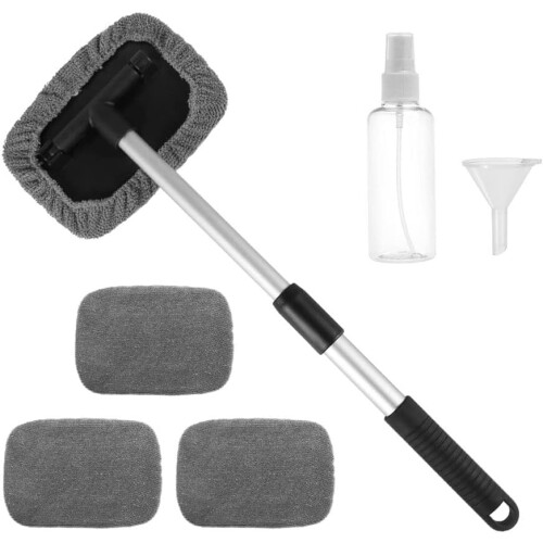 Windshield Cleaner Tool Microfiber Car Window Cleaner with Extendable Long Handle Gray