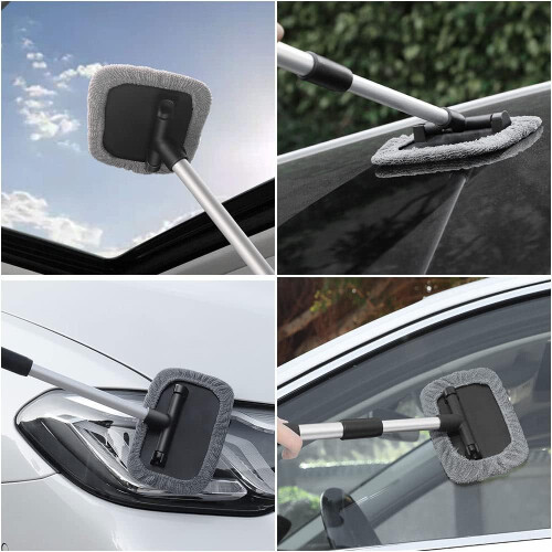 Windshield Cleaner Tool Microfiber Car Window Cleaner with Extendable Long Handle Gray 2
