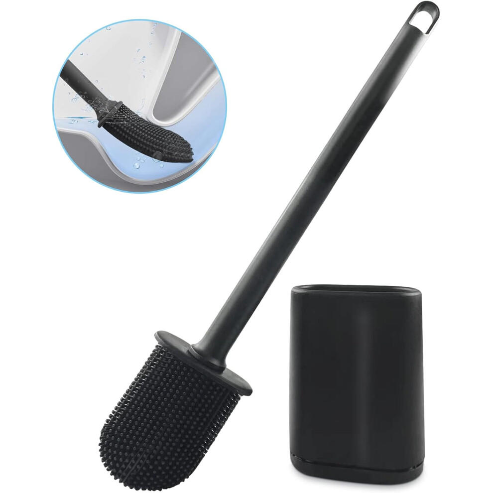 Toilet Brush Silicone Flat Antibacterial WC Brush Bathroom Cleaning Brush Floor or Wall Mounted Black