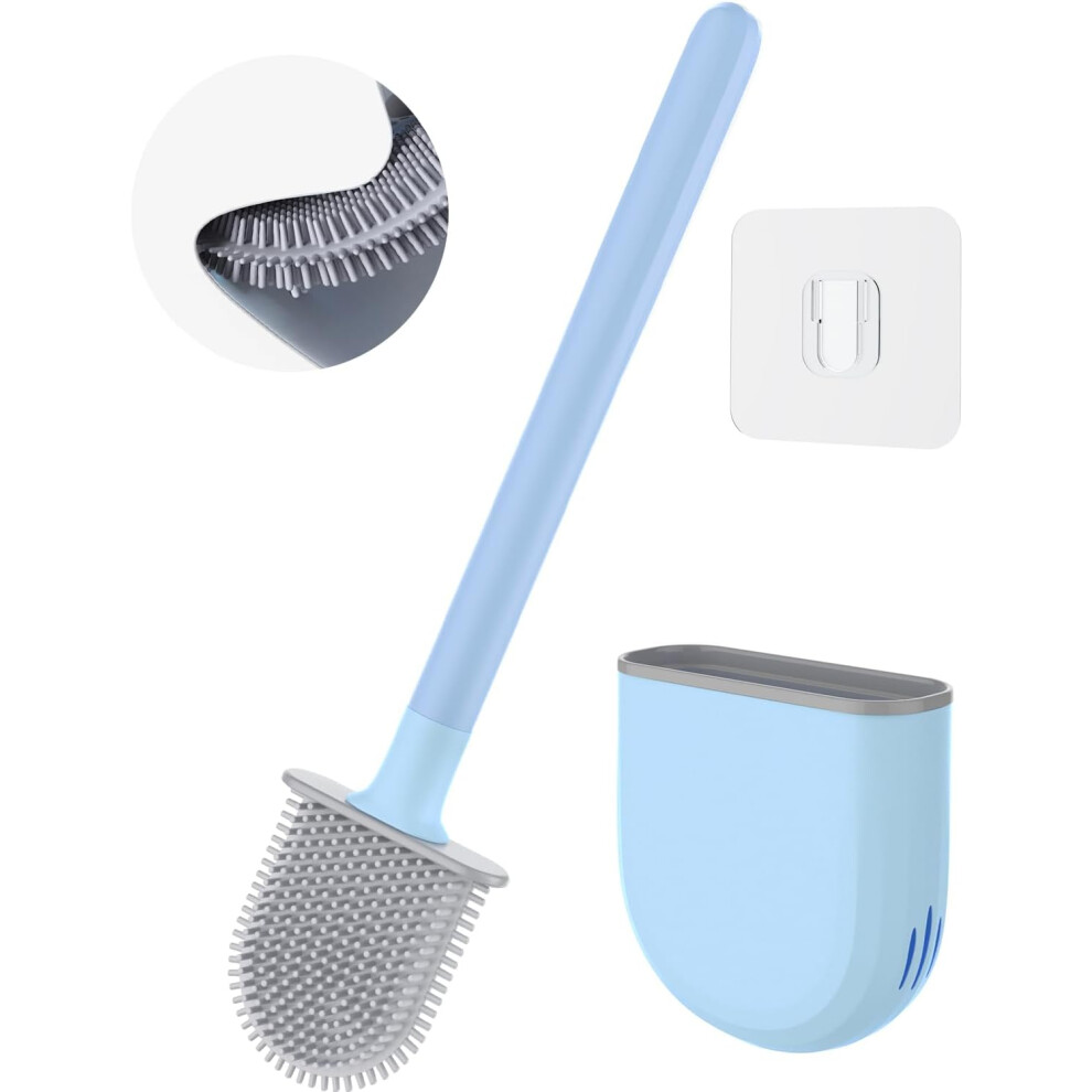 Silicone Toilet Brush Antibacterial WC Brush Stainless Steel Handle Bathroom Cleaning Blue