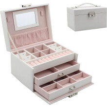 3 Tier Jewellery Box, Lockable PU Leather Jewellery Organiser with 2 Drawers and Mirror, Jewellery Storage for Rings, Earrings, Necklaces (White)