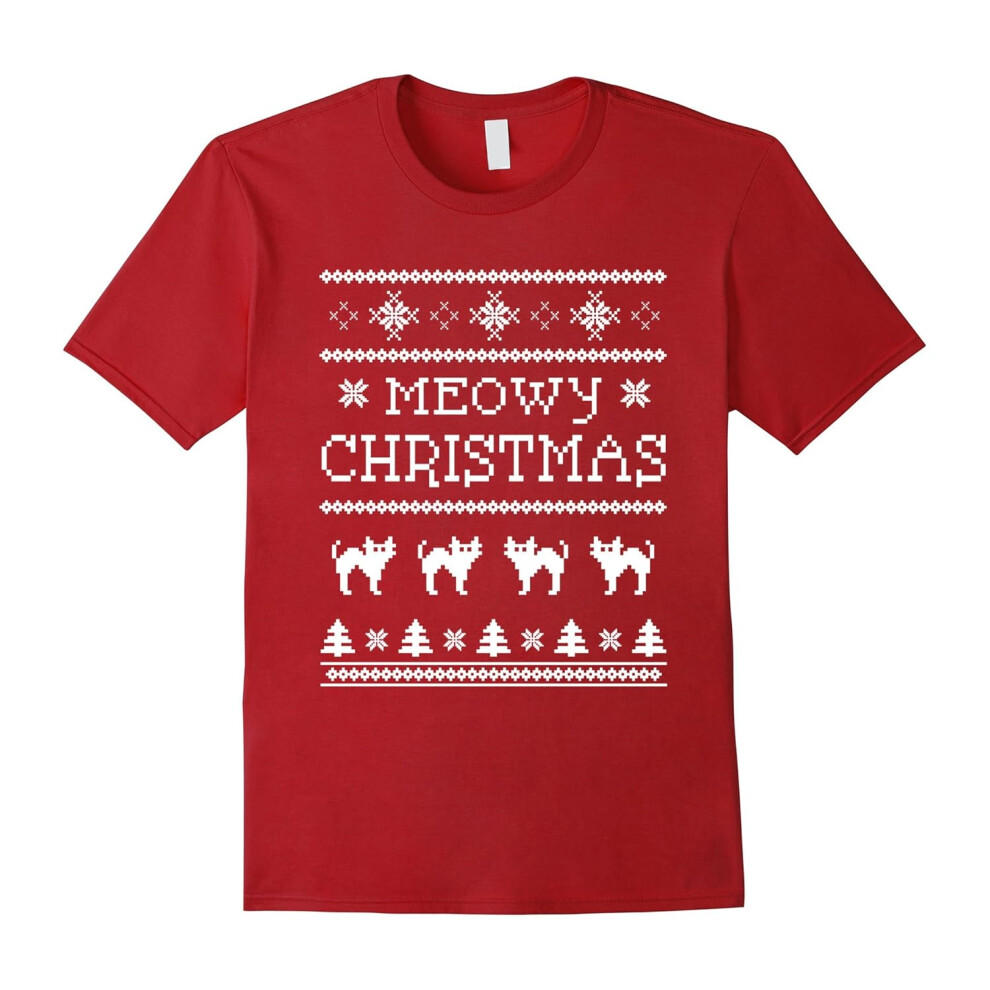 (XL) Have a Meowy Christmas Ugly Red T-Shirt for Cat Lovers-Father's Day