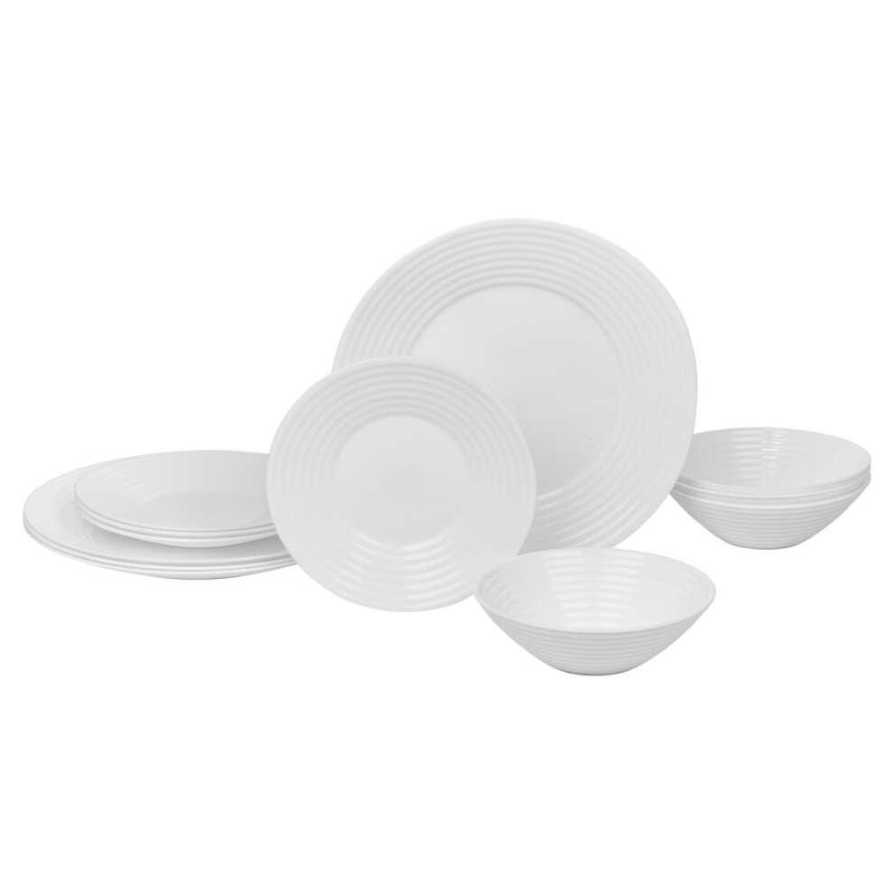 (Vienna - Ribbed, 12 piece) 12/24 White Glass Dinner Set Small Plate Soup Bowl