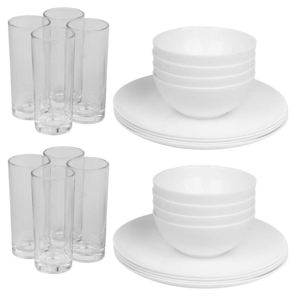 (Luna - Breakfast, 24 piece) 12/24 White Glass Dinner Set Small Plate Soup Bowl