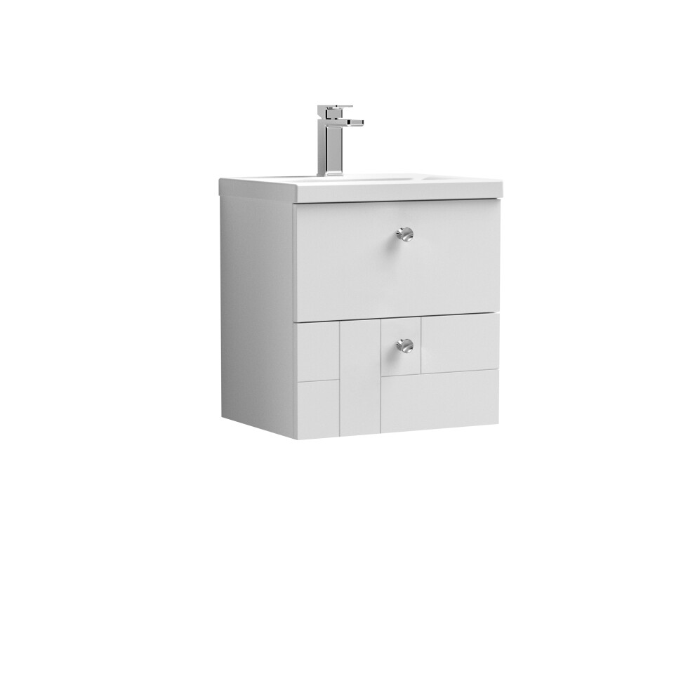 Cube Wall Hung 2 Drawer Geometric Vanity Basin Unit & Ceramic Mid-Edge Basin - 500mm - Satin White with Chrome Round Handles