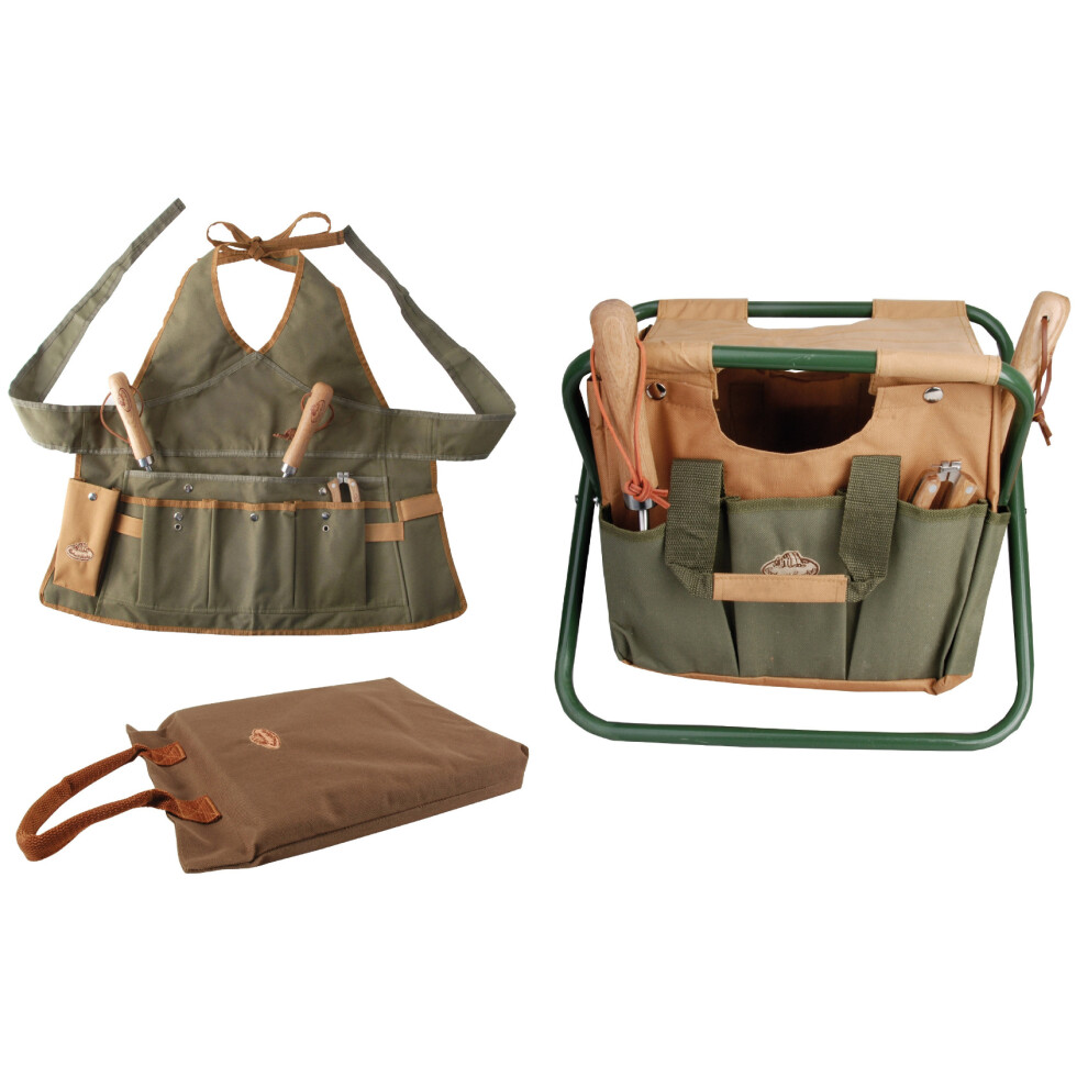 Garden Tool Stool, Kneeling Pad & Ladies Apron Set (Khaki/Brown)