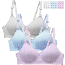 (Pink Blue Light Grey, 36) Teenager Girls Bra Pack Of 3 100% Cotton Sports Soft Bra Bralette Without Underwire Seamless Bustier Underwear Sports Underwear For 12-18 Years Childr