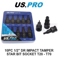 US PRO Tools 10pc 1/2" DR Impact Tamper Star Torx Bit Socket Set T20 - T70 7532