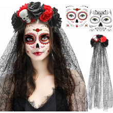 Halloween Day of the Dead Headband Veil Rose Floral Crown Mexican Headwear Halloween Face Tattoos Day of The Dead Temporary Tattoo Sugar Skull