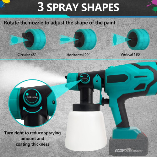 Cordless HVLP Paint Spray Gun with 4 Brass Nozzles and 3 Patterns for