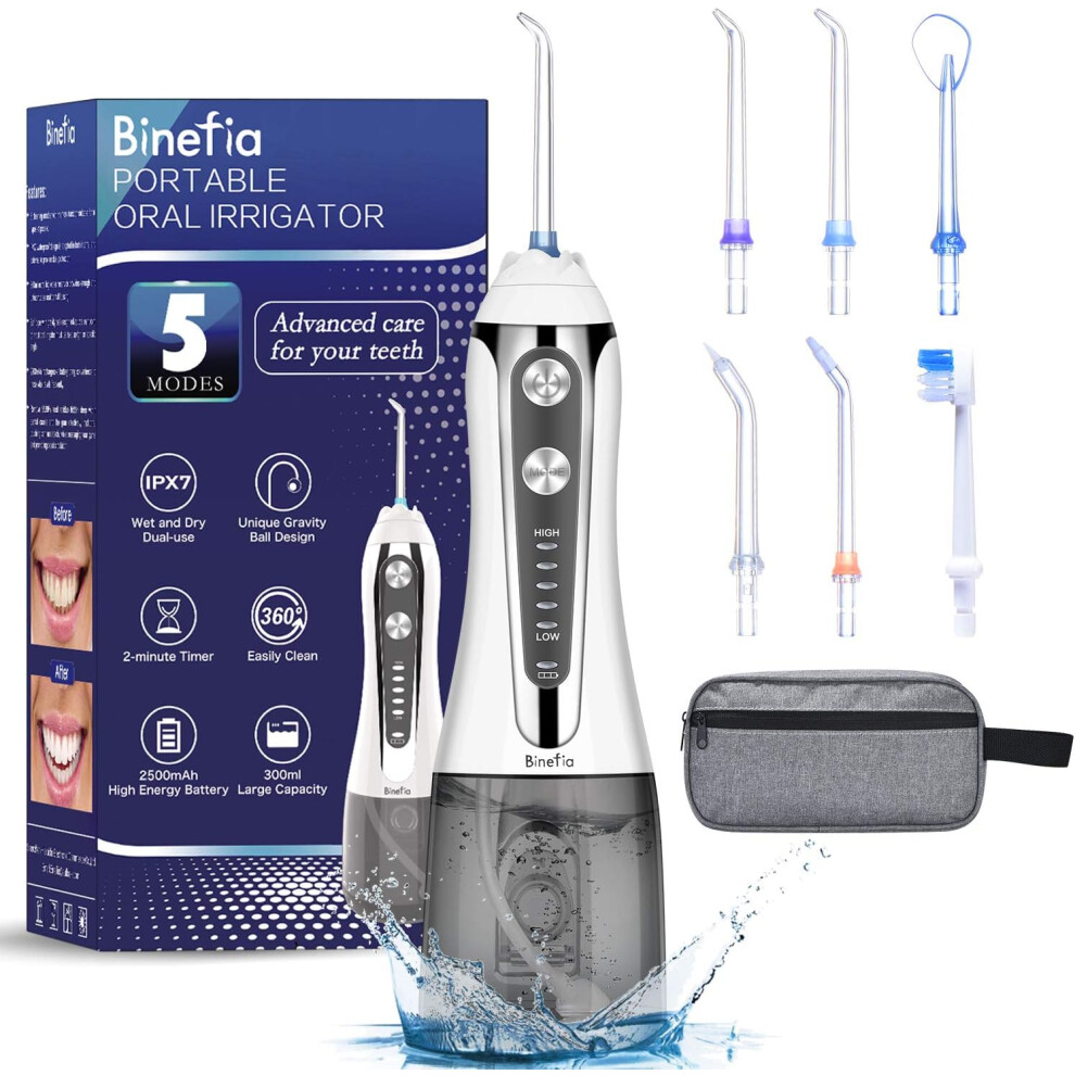 5 modes, Binefia 360 rotating oral irrigator, IPX7 waterproof, 300ml and 6 nozzles, water stream teeth cleaner, USB charging,