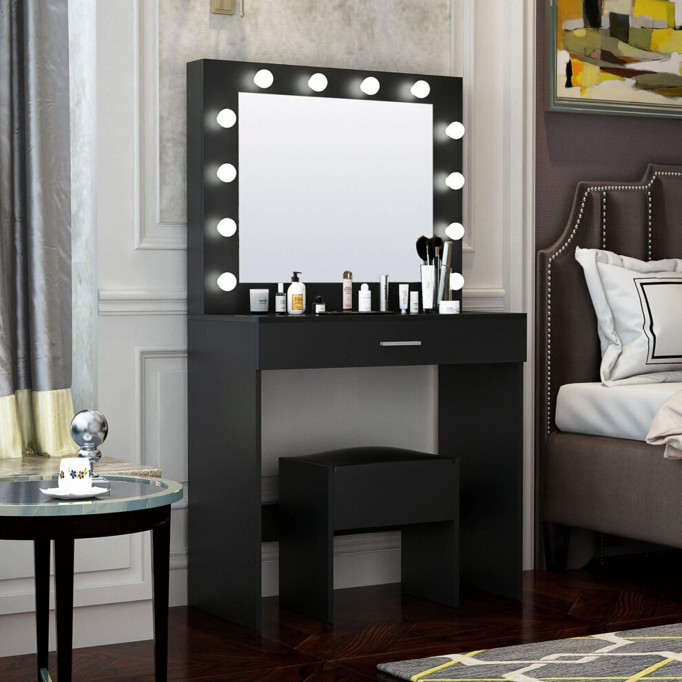 (Black) Dressing Table with Stool and LED Lights Mirror