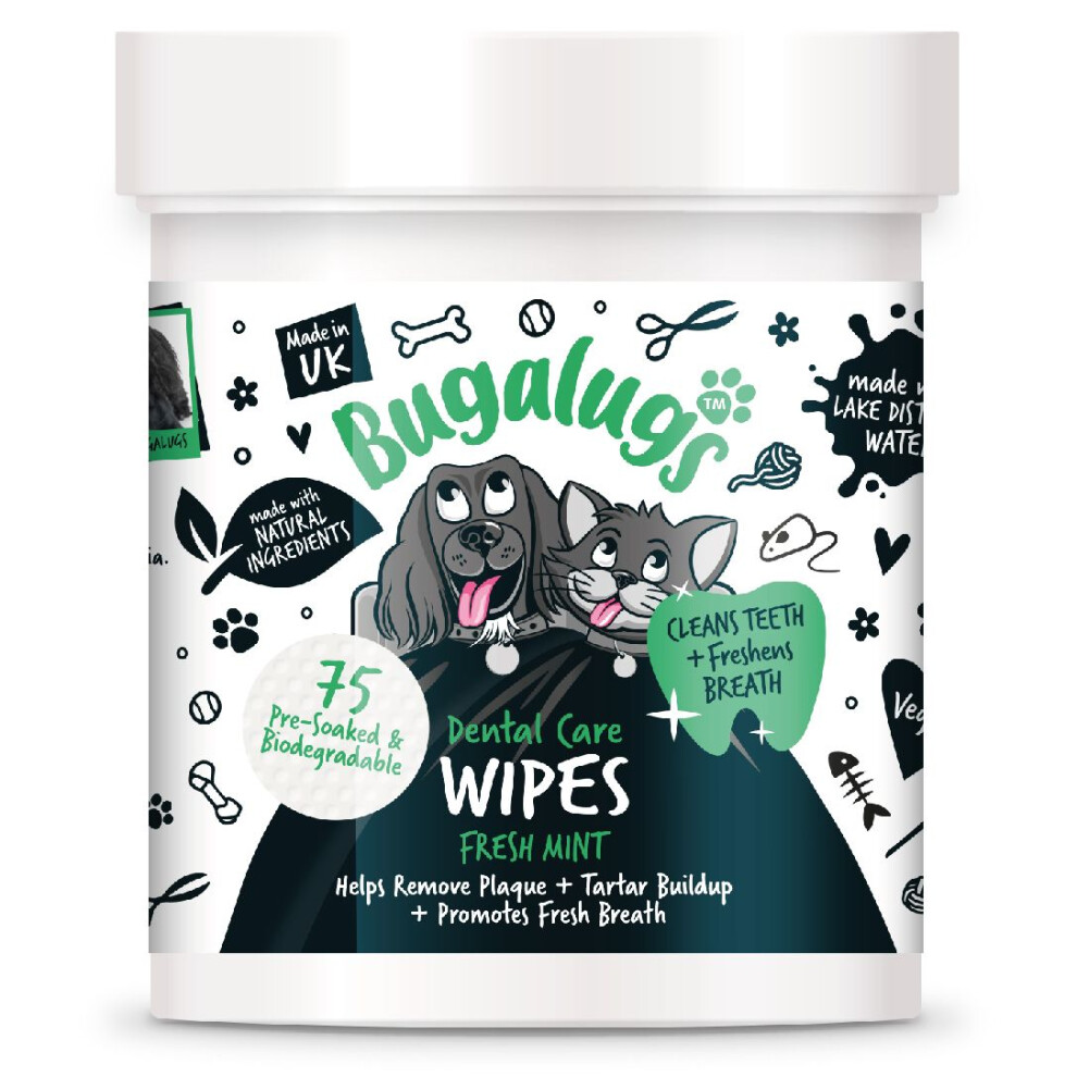 Bugalugs Dental Care Wipes 75 Bio-degradable Pre Soaked Wipes for Dogs & Cats