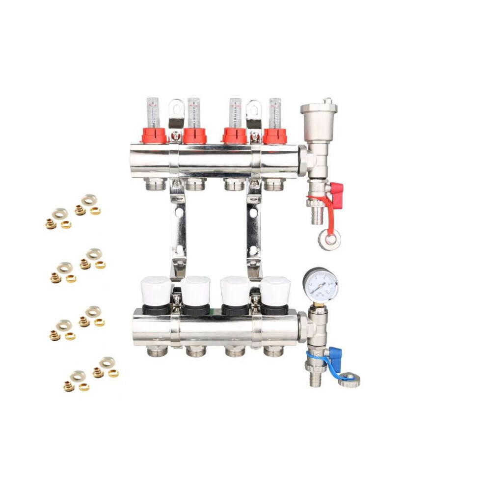 (Not Required, 17Mm X 3/4'') 4 Port Underfloor Heating Manifold With Pipe Connections,Automatic Air Vent And Pressure Gauge Unit 5060706097945