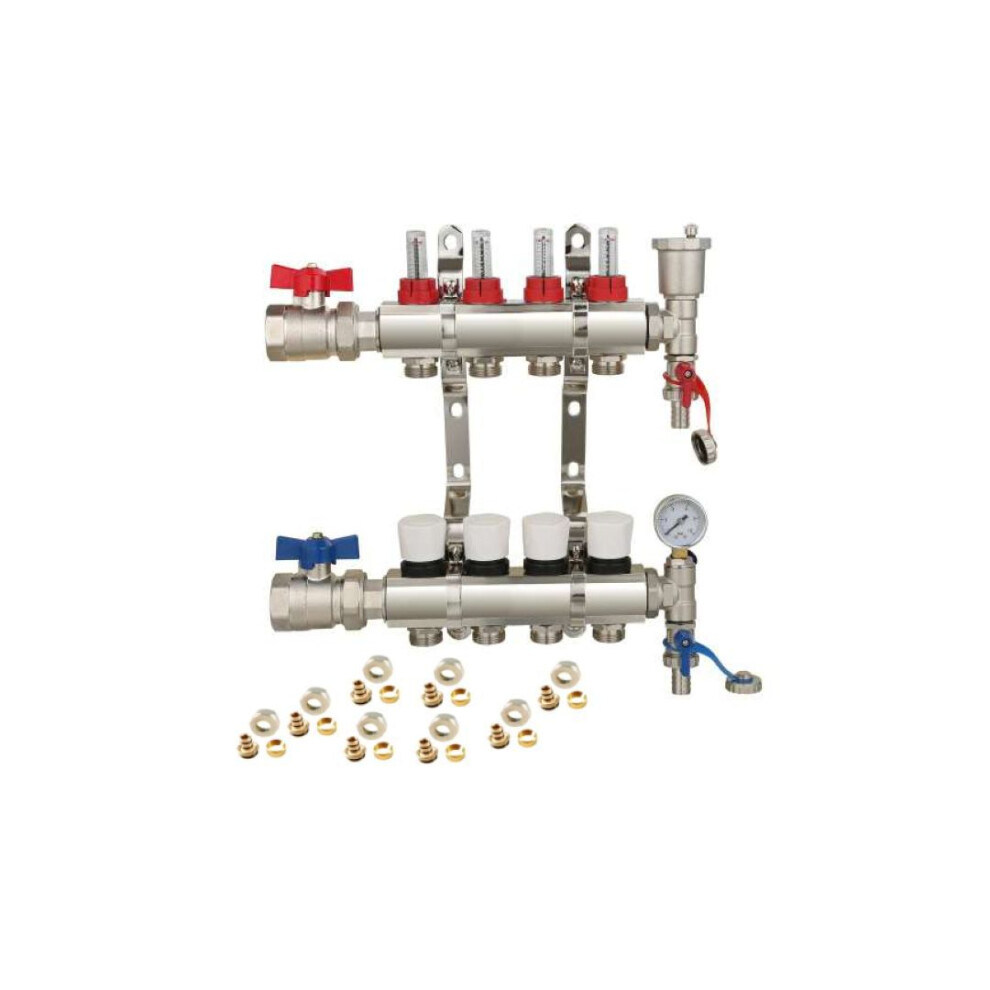 (Normal Set of 2, 15mm x 3/4'') 4 Port Underfloor Heating Manifold with Pipe Connections,Automatic Air Vent and Pressure Gauge Unit