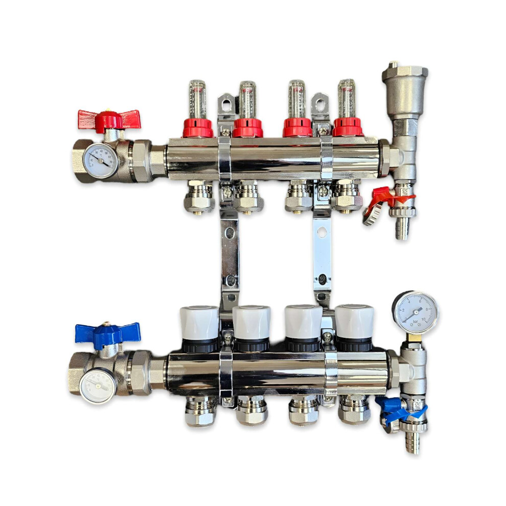 (With Thermometer Set Of 2, 12Mm X 1.6 X 3/4'') 4 Port Underfloor Heating Manifold With Pipe Connections,Automatic Air Vent And Pressure Gauge Unit 5060706098034