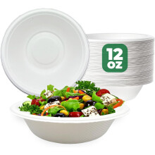 (Pack of 100) ECONX Biodegradable Bagasse Bowls 12oz White Sugarcane Disposable Bowl 360ml for Picnic Catering BBQ And Parties Compostable Bowls