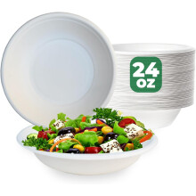(Pack of 50) ECONX Biodegradable Bagasse Bowls 24oz White Sugarcane Disposable Bowl for Picnic Catering BBQ And Parties Compostable Soup Dessert Bowls