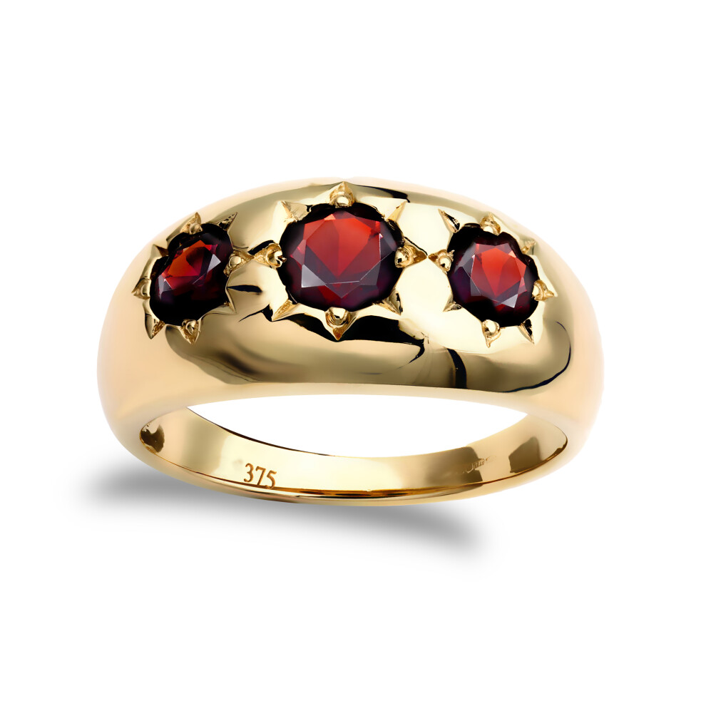 (W) Jewelco London Men's Solid 9ct Yellow Gold Round Brilliant Garnet Star Set 3 Stone Trilogy Gypsy Ring