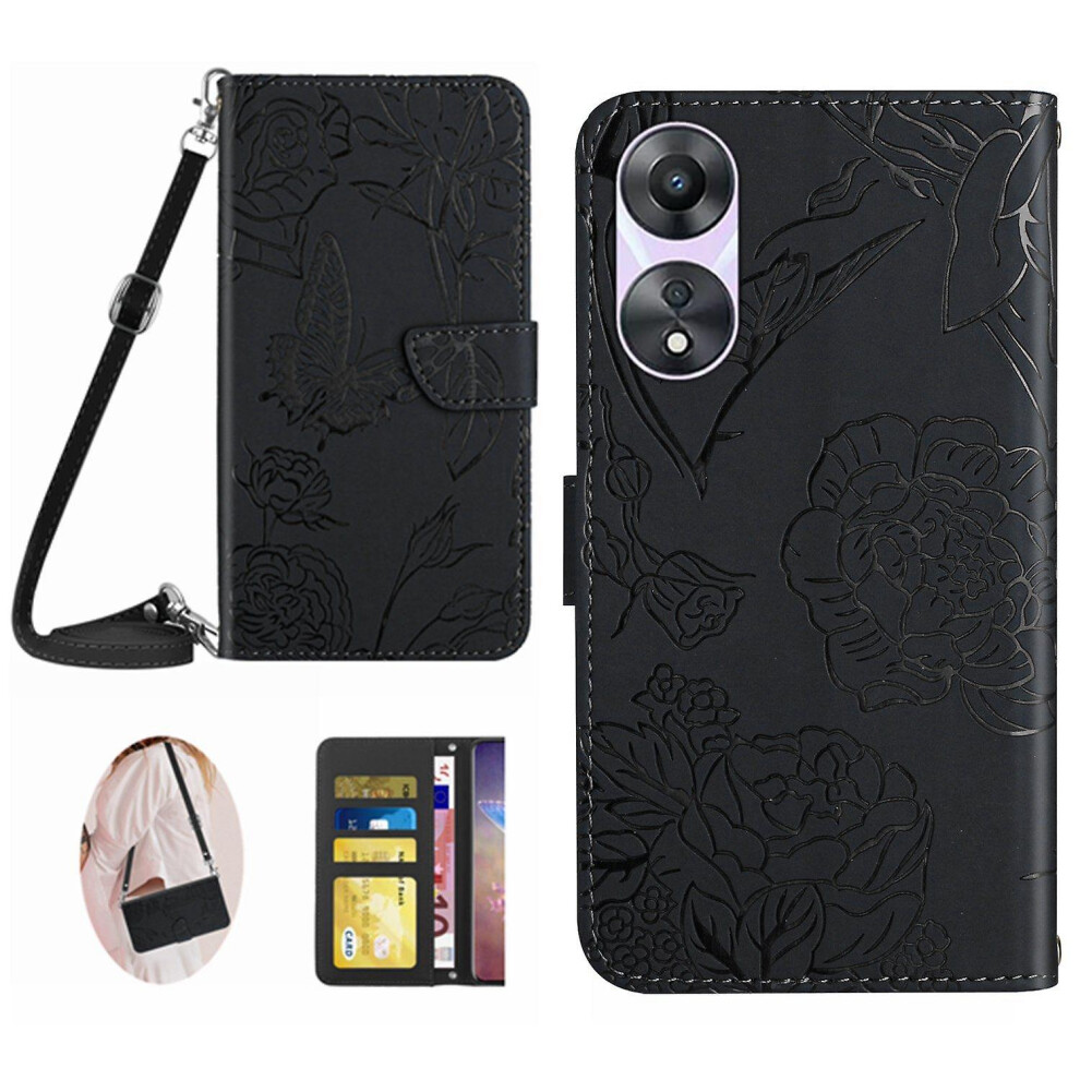 (Black) Ht03 Stand Phone Cover For Oppo A78 4G Imprinted Leather Wallet Case With Shoulder Strap Black 9017356233083