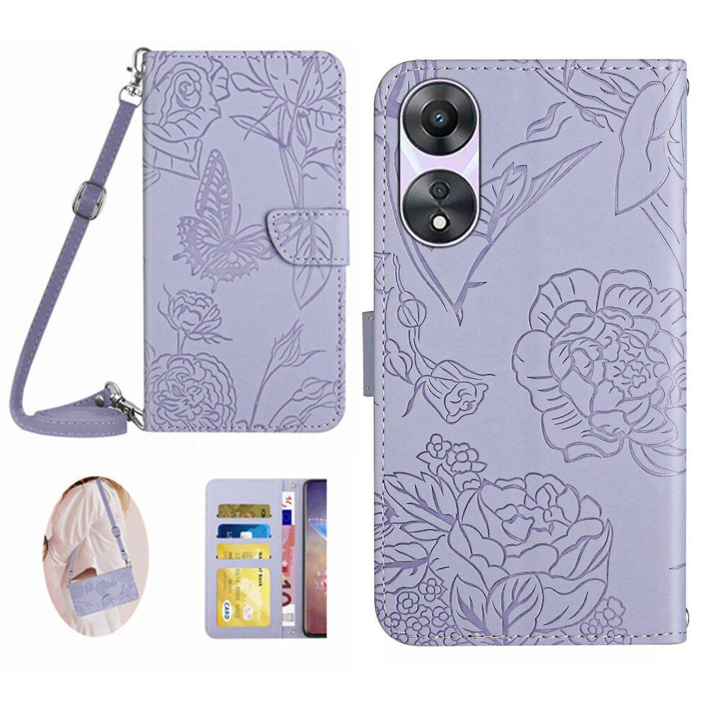 (Purple) Ht03 Stand Phone Cover For Oppo A78 4G Imprinted Leather Wallet Case With Shoulder Strap Purple 9017356233106