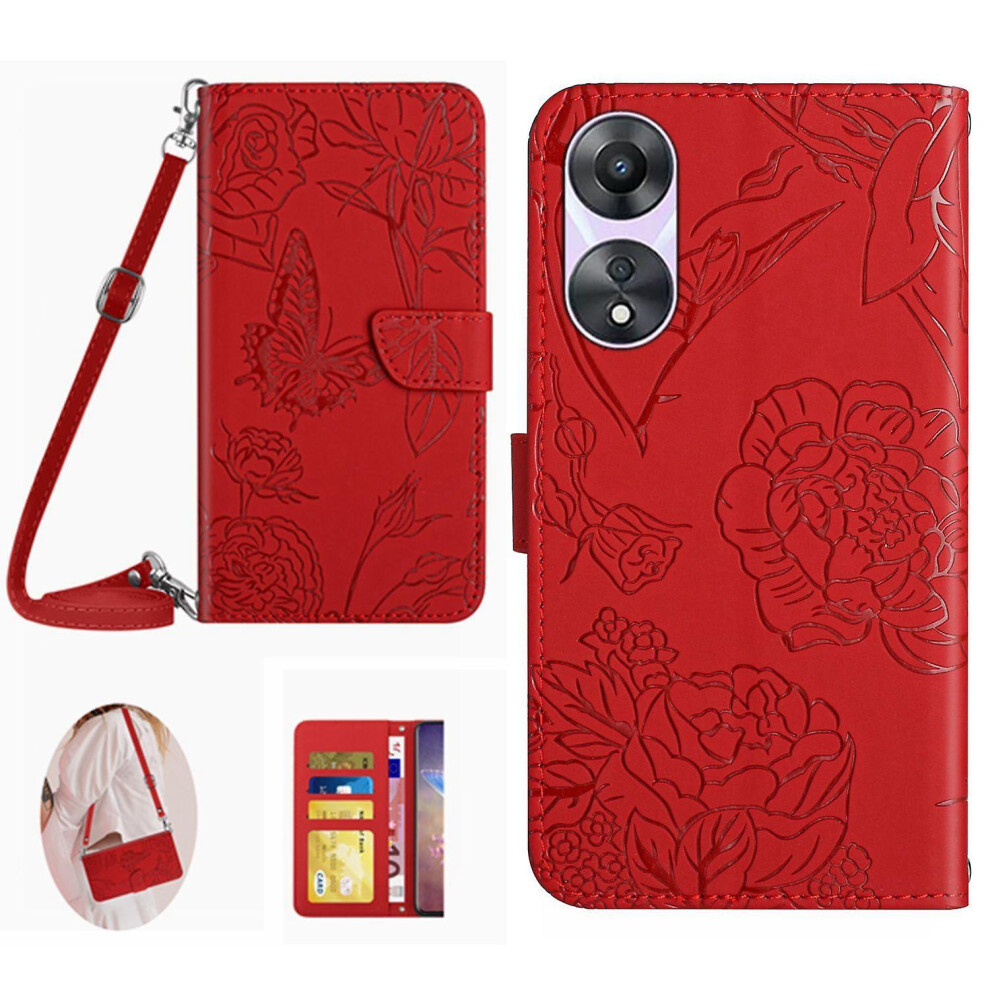 (Red) Ht03 Stand Phone Cover For Oppo A78 4G Imprinted Leather Wallet Case With Shoulder Strap Red 9017356233113