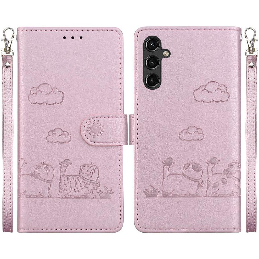 (Pink) Flip Case For Samsung Galaxy A14 4G Card Slot Holder Kickstand Cat Rfid Leather Wallet Pink 764762801076