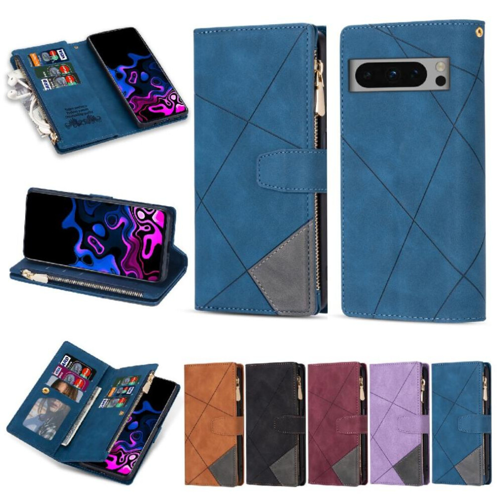 (Blue) Wallet Case For Google Pixel 8A Kickstand Magnetic Closure Wrist Strap 5 Card Holders Blue 764762801144