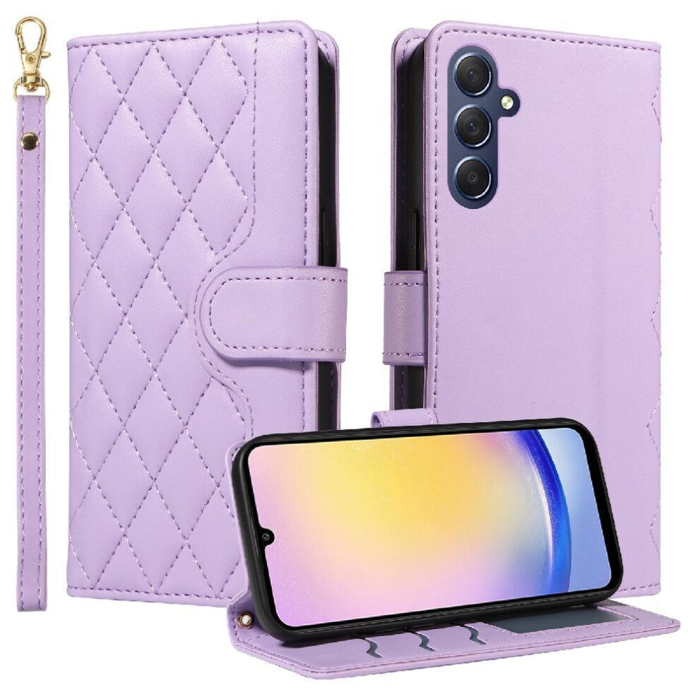 (Purple) Case For Samsung Galaxy A25 5G Detachable Wrist Strap And Long Lanyard Wallet Card Slots Lattice Flip Folio Phone Case With Stand Purple 764762802011