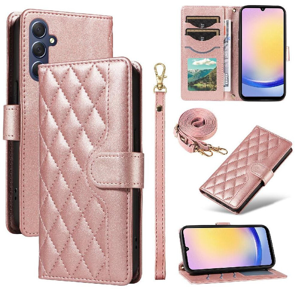 (Pink) Case For Samsung Galaxy A25 5G Detachable Wrist Strap And Long Lanyard Wallet Card Slots Lattice Flip Folio Phone Case With Stand Pink 764762801991