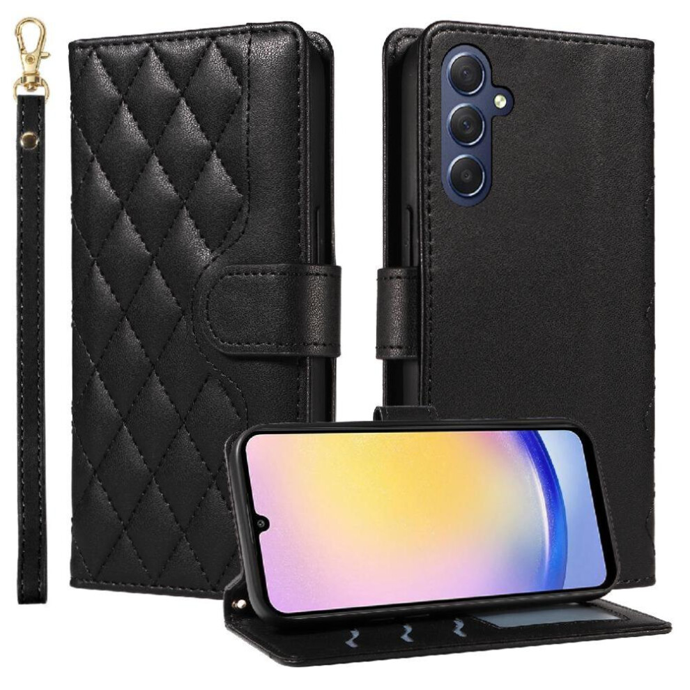 (Black) Case For Samsung Galaxy A25 5G Detachable Wrist Strap And Long Lanyard Wallet Card Slots Lattice Flip Folio Phone Case With Stand Black 764762802004